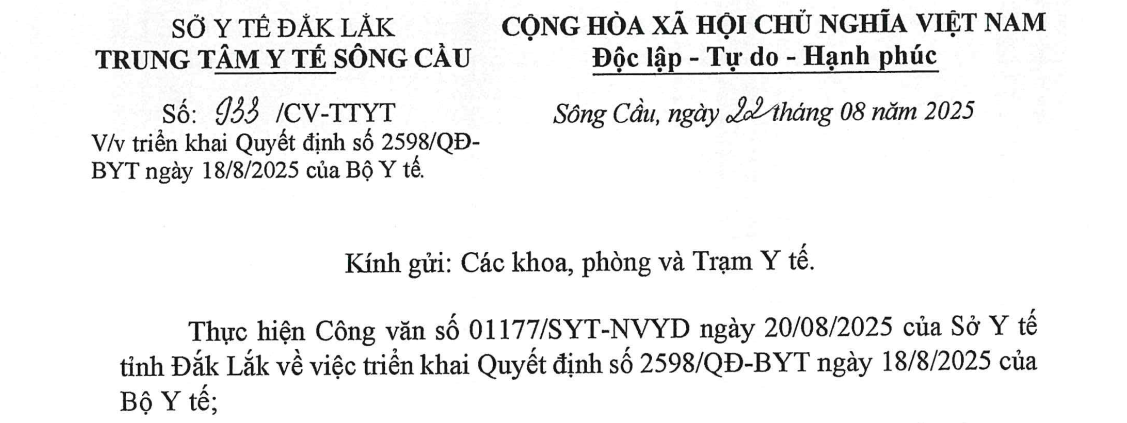 V/v triển khai Quyết định số 2598/QĐ-BYT ngày 18/8/2025 của Bộ Y tế.